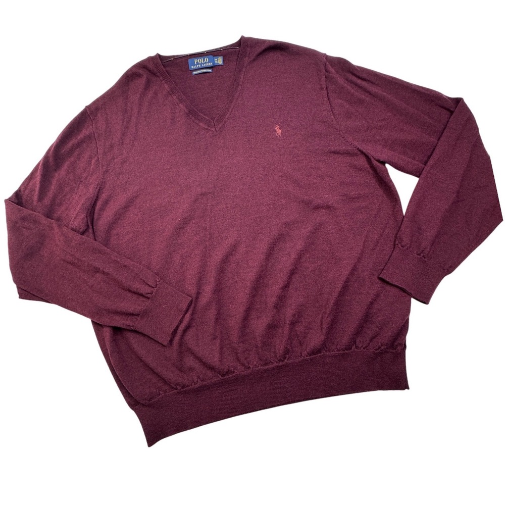 Polo Ralph Lauren Mens XXL Burgundy Washable Merino Wool V-Neck Sweater